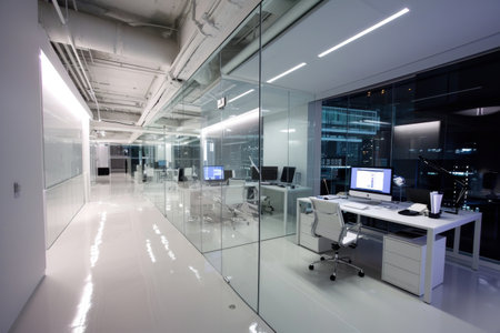Modern futuristic office space with sleek glass partitions ergonomic workstations AI generatedの素材