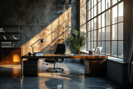 Modern office with no people with luxury chair, 3D render interior design Office Room . Office desks with office chairs. Concept of working place AI generatedの素材