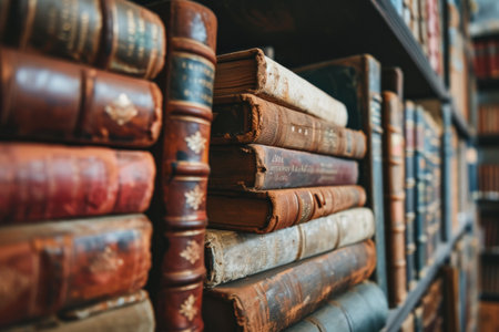 Old books in a library background, Colorful books on the table. Closeup of counterfoils. Abstract concept of knowledge AI generatedの素材