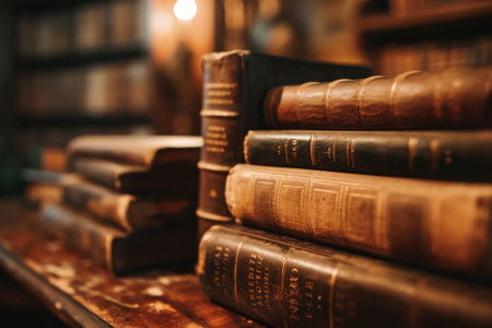 Old books in a library background, Colorful books on the table. Closeup of counterfoils. Abstract concept of knowledge AI generatedの素材