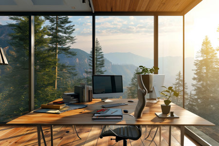 Scenic mountain room Online webinar Zoom meeting home office background, backdrop for online presentations and virtual meetings in a mountain scene AI generatedの素材
