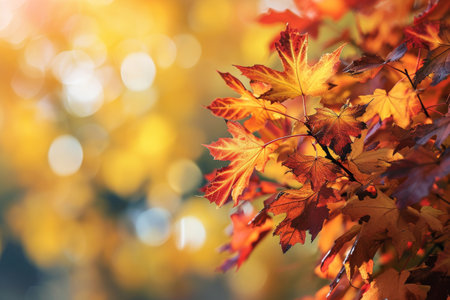 web banner design for autumn season and end year activity with red and yellow maple leaves with soft focus light and bokeh background AI generatedの素材