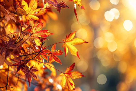 web banner design for autumn season and end year activity with red and yellow maple leaves with soft focus light and bokeh background AI generatedの素材