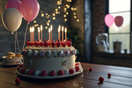 A birthday cake with lit candles , Birthday delicious looking cake with candles and balloons Ai generatedの素材