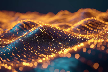 Technology background with connected dots on 3D wave landscape. Data science, particles, digital world, virtual reality, cyberspace, metaverse concept Ai generatedの素材