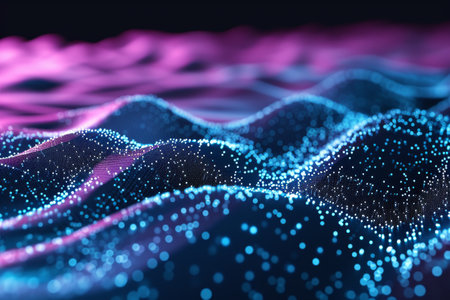 Technology background with connected dots on 3D wave landscape. Data science, particles, digital world, virtual reality, cyberspace, metaverse concept Ai generatedの素材
