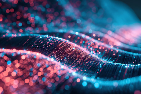 Technology background with connected dots on 3D wave landscape. Data science, particles, digital world, virtual reality, cyberspace, metaverse concept Ai generatedの素材