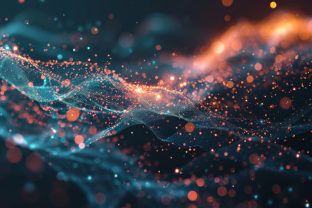 Technology background with connected dots on 3D wave landscape. Data science, particles, digital world, virtual reality, cyberspace, metaverse concept Ai generatedの素材