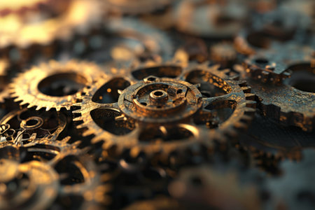 3D rendering of gears and cogs in motion, Gear wheels on a gold background AI generatedの素材