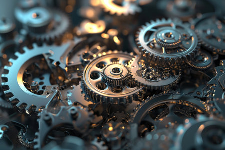 3D rendering of gears and cogs in motion, Gear wheels on a gold background AI generatedの素材
