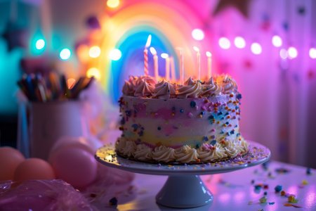 A birthday cake with a rainbow in the background, Birthday cake with rainbow icing, colorful Sprinkles and lit candles over Ai Generatedの素材