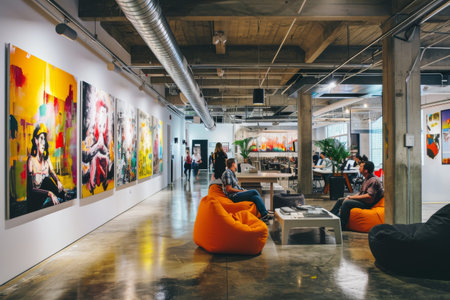 A bustling creative agency with vibrant artwork collaborative workspaces and bean bags , AI generatedの素材