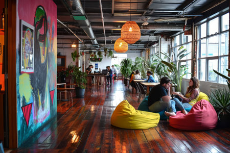 A bustling creative agency with vibrant artwork collaborative workspaces and bean bags , AI generatedの素材