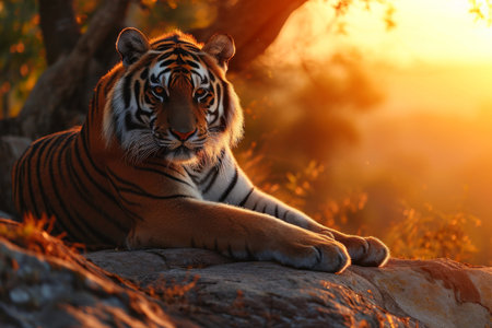 A large tiger is seen laying on top of a rock, A majestic tiger basking in the sunset, AI generatedの素材