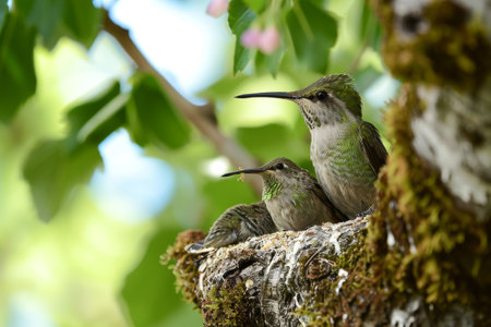 A mother hummingbird feeding her babies, A mother and her chick of the Broad tailed Hummingbird perch on the edge of their nest AI generatedの素材