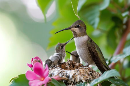 A mother hummingbird feeding her babies, A mother and her chick of the Broad tailed Hummingbird perch on the edge of their nest AI generatedの素材