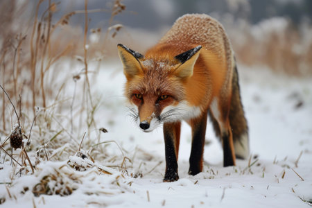 A red fox hunting in the snowy fields, A captivating photo of a red fox gracefully pouncing through a snowy field AI generatedの素材