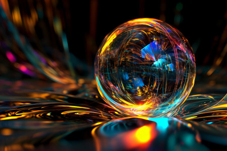 A vibrant abstract sphere illuminates dark backdrop, A vibrant sphere formed by abstract laser lights on a dark background AI generatedの素材