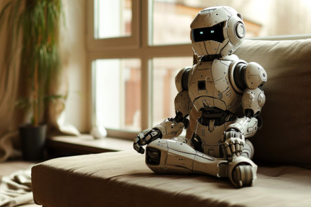 Anthropomorphic robot indoors, Portrait of a robot is sitting on home AI generatedの素材