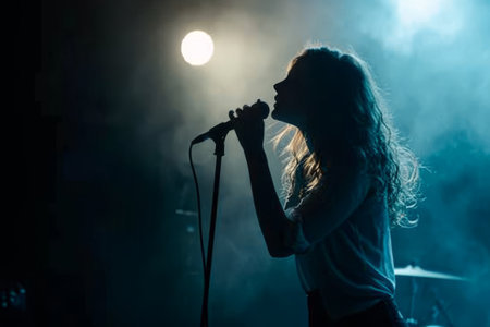 Beautiful woman singing into microphone on stage in a dark room Beautiful young woman full rear view singing into a microphone on a color background AI generatedの素材