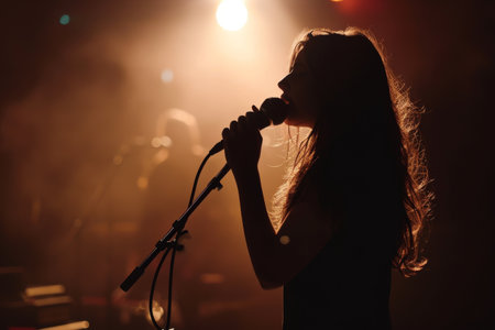 Beautiful woman singing into microphone on stage in a dark room Beautiful young woman full rear view singing into a microphone on a color background AI generatedの素材