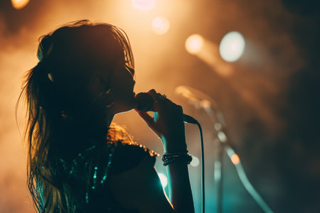 Beautiful woman singing into microphone on stage in a dark room Beautiful young woman full rear view singing into a microphone on a color background AI generatedの素材