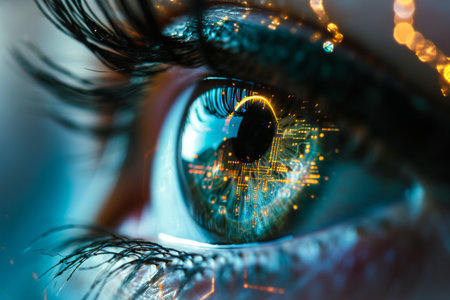 Close up of woman's eye with digital circuit in it Technology concept, Close up, micro-photo of human eye with circuit board AI generatedの素材
