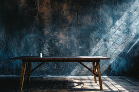 Dark background wall with empty table, Old wood table with blurred concrete block wall in dark room background., AI generated, Dark background wall with empty table, AI generatedの素材