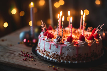 Delicious birthday cake with candles, a birthday cake with lit candles sitting on a wooden table AI generatedの素材