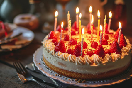 Delicious birthday cake with candles, A picture of a birthday cake with candles lit AI generatedの素材