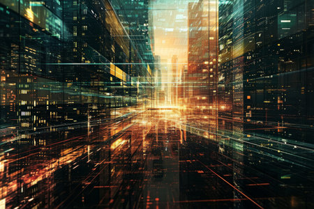 Digital transformation of a metropolis, Business Technology Concept with Skyscrapers Building Landscape at Night, Ai generated, Digital transformation of a metropolis Ai generatedの素材