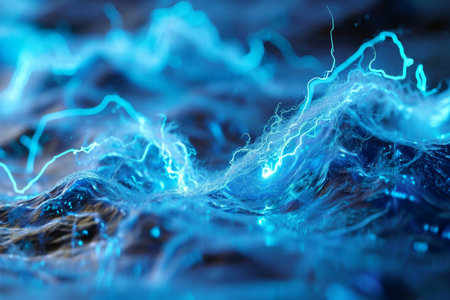 Electricity flowing in smooth blue abstract wave , Abstract neon sound waves with black background made AI generatedの素材