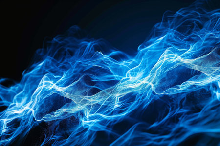 Electricity flowing in smooth blue abstract wave , Abstract neon sound waves with black background made AI generatedの素材
