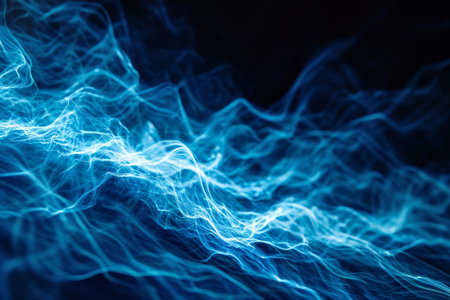 Electricity flowing in smooth blue abstract wave , Abstract neon sound waves with black background made AI generatedの素材