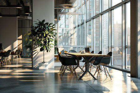 A modern office with a large window and a table with chairs and a plant, Empty modern bright open space business office with furniture AI generatedの素材