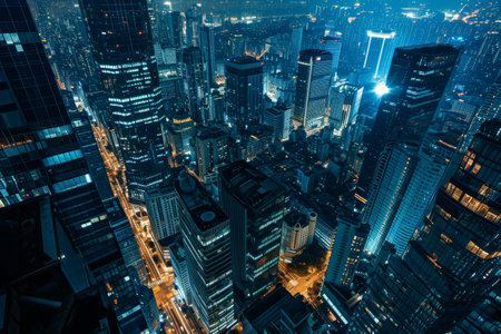 Digital transformation of a metropolis, Business Technology Concept with Skyscrapers Building Landscape at Night Ai generatedの素材