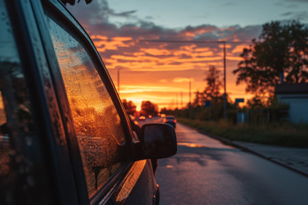 dog in a car at sunset, Happy dog driving in the car and looking through the window during golden hour, AI generatedの素材