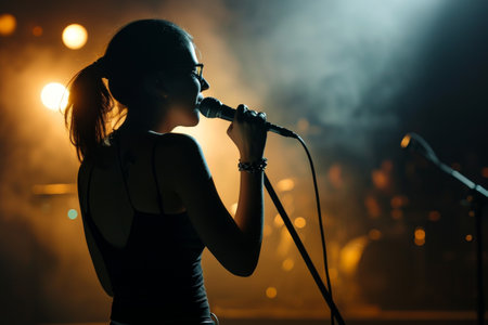 Beautiful woman singing into microphone on stage in a dark room Beautiful young woman full rear view singing into a microphone on a color background AI generatedの素材