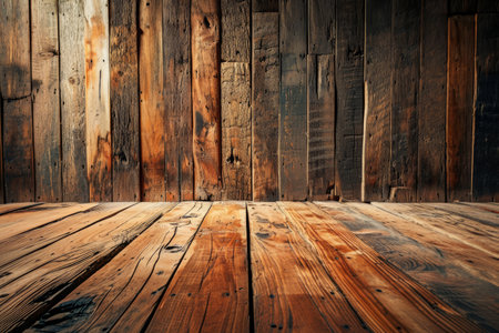 A wooden wall with a wooden floor and a wooden floor, Dark brown wooden plank background AI generatedの素材