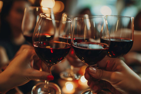 Group of friends toasting with red wine in a pub or restaurant Closeup of a stethoscope AI generatedの素材