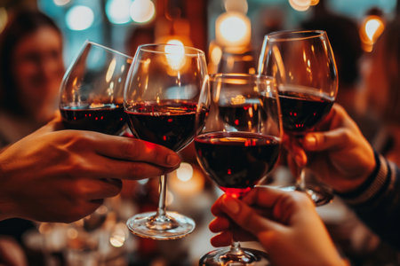 Group of friends toasting with red wine in a pub or restaurant Closeup of a stethoscope AI generatedの素材