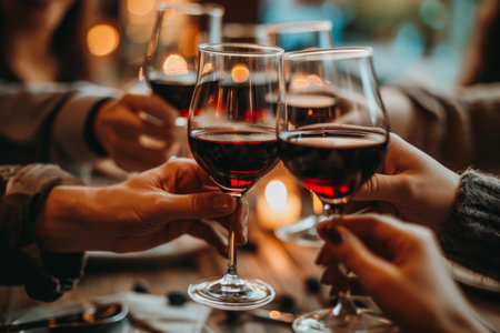 Group of friends toasting with red wine in a pub or restaurant Closeup of a stethoscope AI generatedの素材