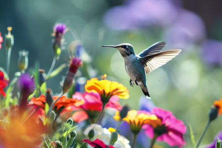 Hummingbirds hovering over brightly colored flowers Ai generatedの素材