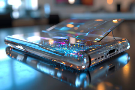 Transparent cellphone with holographic display AI generatedの素材