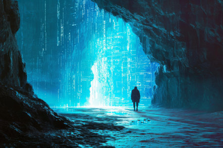 Explorer in a digital cave of code AI generatedの素材