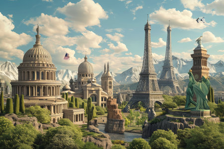 Famous landmarks from around the world gathered in a single scene AI generatedの素材