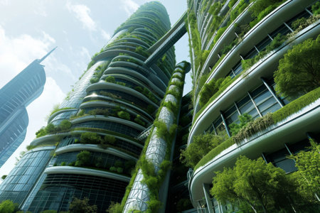 Futuristic skyscrapers with built-in vertical garden system Ai generatedの素材