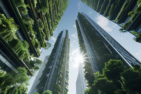 Futuristic skyscrapers with built-in vertical garden system Ai generatedの素材