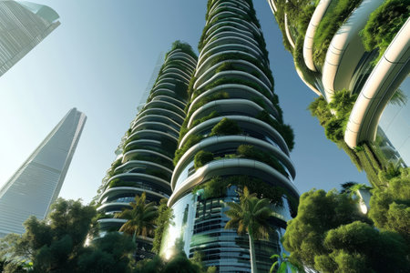 Futuristic skyscrapers with built-in vertical garden system Ai generatedの素材