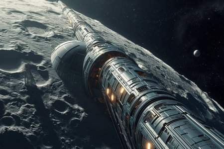 Futuristic space elevator connecting Earth to the moon AI generatedの素材